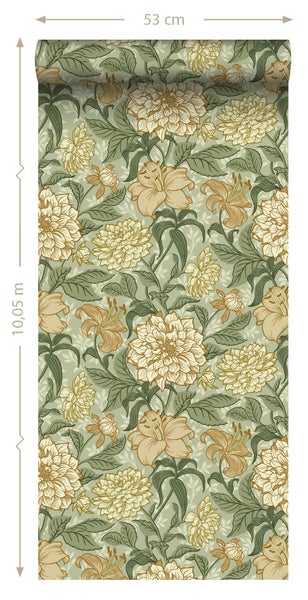 ESTAhome Tapete Blumenmuster Grün und Ockergelb - 53 cm x 10.05 m - 139379