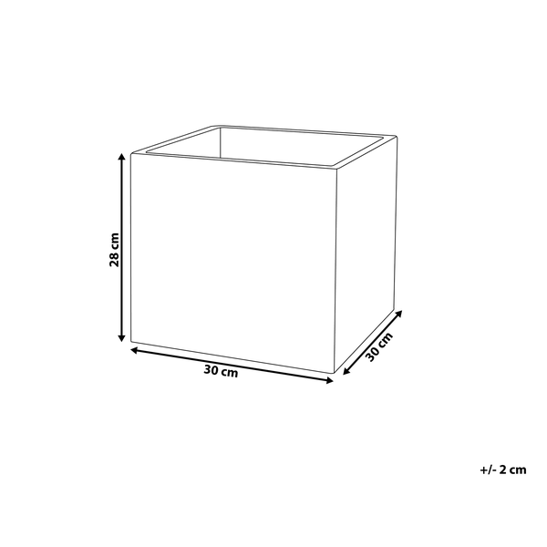 Maßzeichnung eines quadratischen Pflanzkastens: Höhe 28 Zentimeter, Breite 30 Zentimeter, Tiefe 30 Zentimeter, Abweichung plus minus 2 Zentimeter.