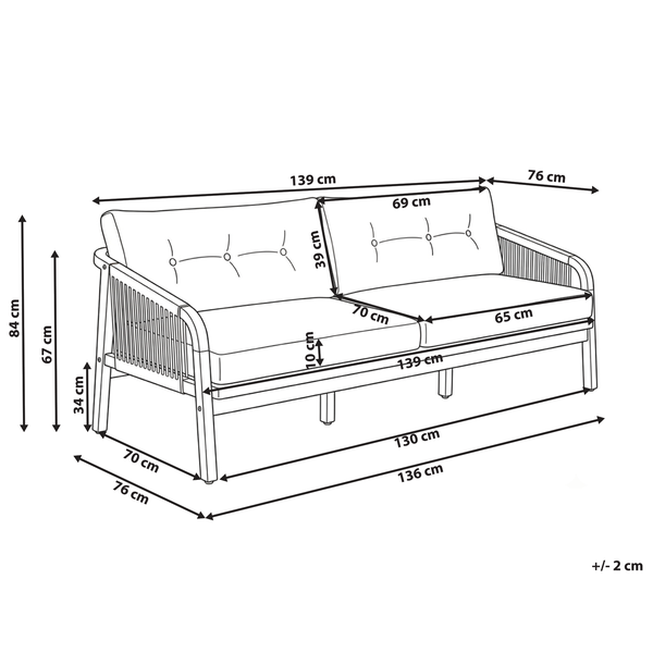 Maßzeichnung eines 2-Sitzer Gartensofas mit Abmessungen in Zentimeter: Breite 139, Tiefe 76, Höhe 84, Sitzhöhe 34.