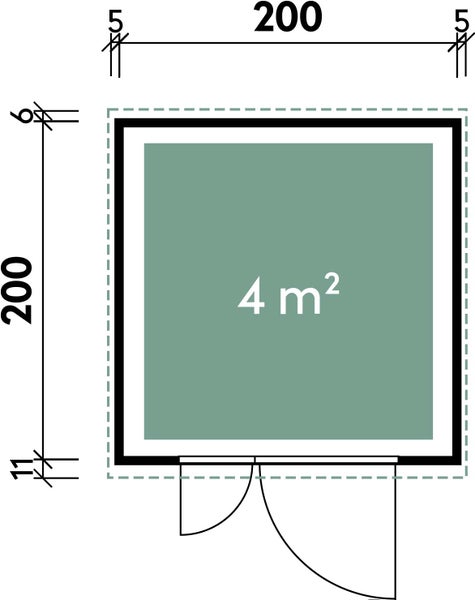 Grundriss eines quadratischen Gartenhauses mit 4 Quadratmetern Grundfläche und Maßen von 200 mal 200 Zentimetern.