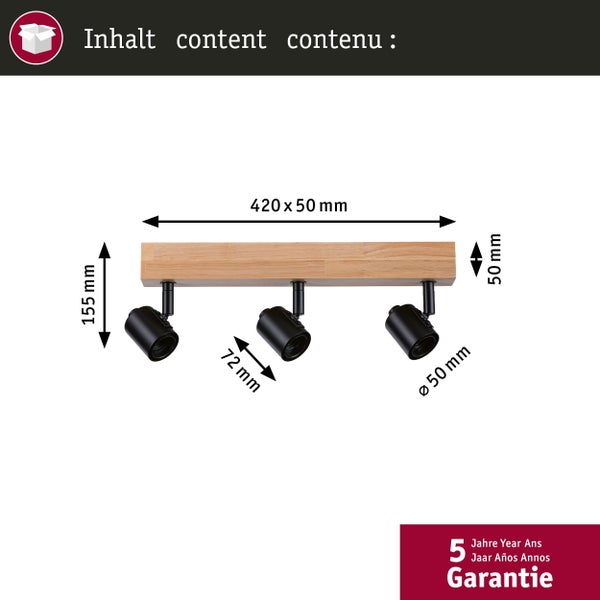 Abmessungen einer Deckenleuchte mit drei Strahlern