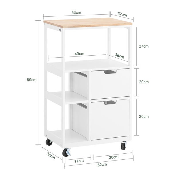 Servierwagen mit Schubladen und Abmessungsangaben