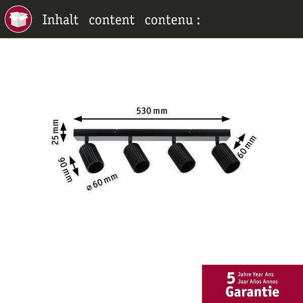Abmessungen einer schwarzen Vierfachstrahler Leuchte mit Produktinformation