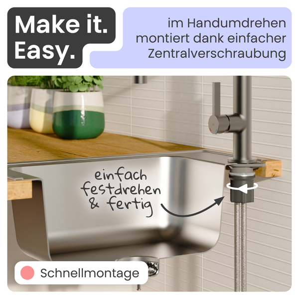 Küchenarmatur-Installation an einer Edelstahlspüle mit Schnellmontagesystem durch einfache Zentralverschraubung.