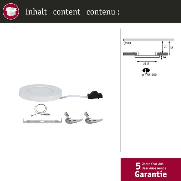 Lieferumfang einer LED-Einbauleuchte mit Montagezubehör und technischen Zeichnungen