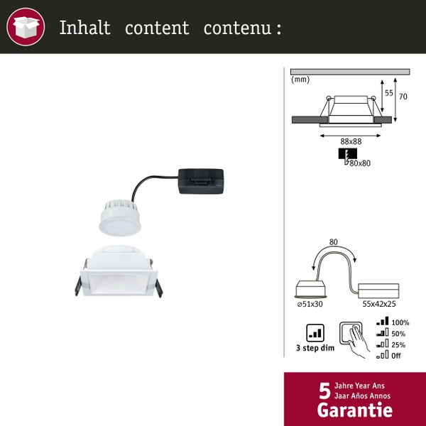 LED Einbauleuchte 3-Step-Dim Cole Coin 1er-Set IP44 eckig 88x88mm Coin 6W 470lm 230V dimmbar 2700K Weiß