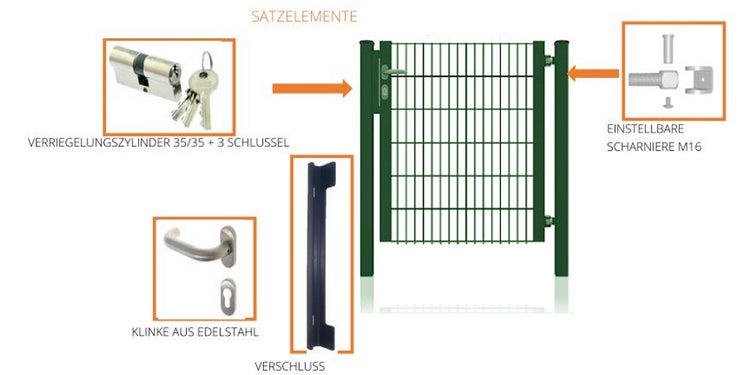 Tor Bausatz mit Zylinderschloss, Edelstahltürgriff, Verschluss und einstellbaren Scharnieren M16