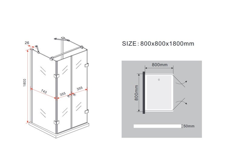 Technische Zeichnung einer Duschkabine mit Maßangaben