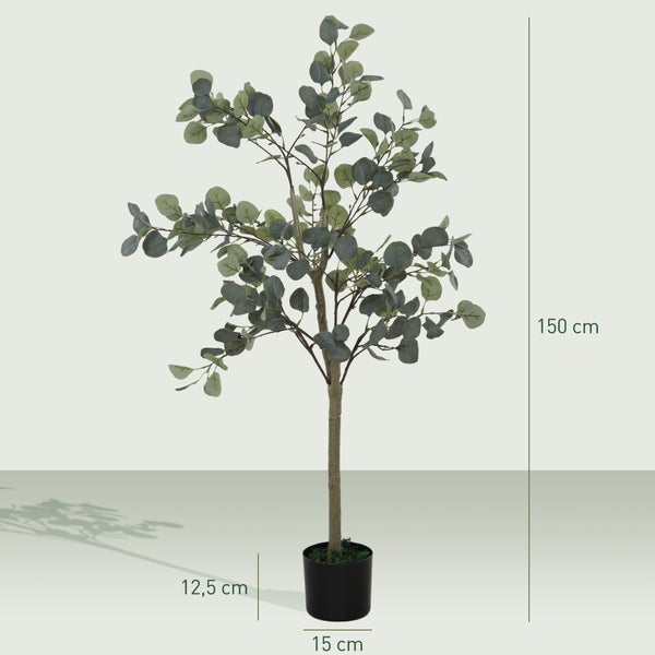 HOMCOM Künstlicher Eucalyptus Baum groß 150 cm Kunstpflanze Künstliche Pflanzen Eucalyptus im Topf, Kunstbaum wie echt mit Kunstgras, Zement für Wohnzimmer, Schlafzimmer, Büro, Garten