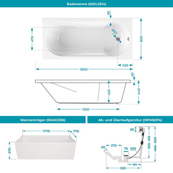 Calmwaters® Badewanne mit Dusche Komplettset 180x80 cm mit Wannenträger & Ablaufgarnitur, Acrylwanne Modern Small 2, Duschzone, Set Badewanne komplett 180 x 80, Duschbadewanne für 2 Weiß, 99000167