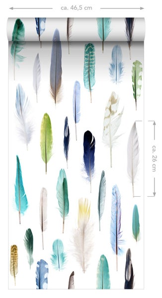 ESTAhome XXL-Vliestapete Federn Grün, Blau und Beige - 50 x 900 cm - 158602