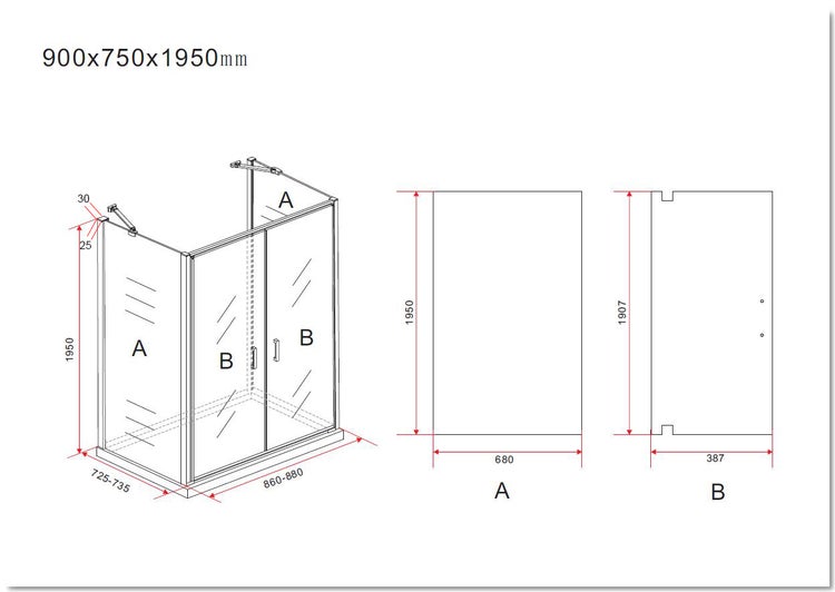 Technische Zeichnung einer Duschkabine mit den Abmessungen 900 mal 750 mal 1950 Millimeter und Detailangaben zu den Glaselementen.
