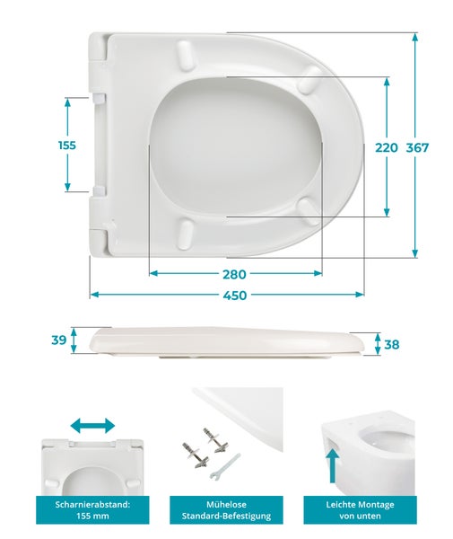 Calmwaters® WC Sitz für Keramag Renova Nr. 1, antibakterieller Toilettensitz mit Absenkautomatik, Duroplast Toilettendeckel, überlappende D-Form, Edelstahlscharnier, Klodeckel, Weiß, 26ZZ3550