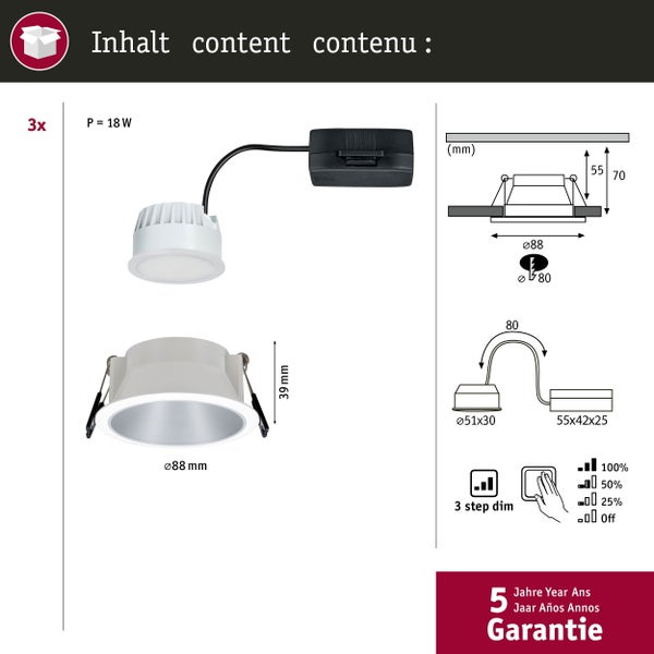 LED Einbauleuchte 3-Step-Dim Cole Coin 3er-Set IP44 rund 88mm Coin 3x6W 3x470lm 230V dimmbar 2700K Weiß, Silber matt