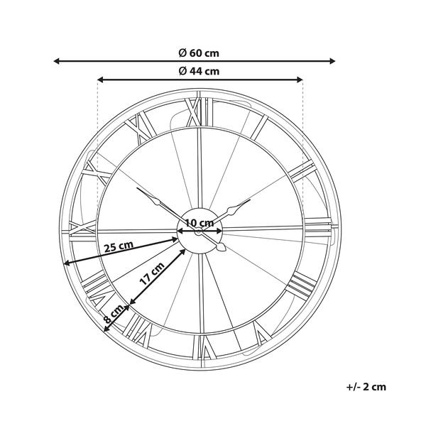 Abmessungen einer Wanduhr mit römischen Ziffern und einem Durchmesser von 60 Zentimetern.