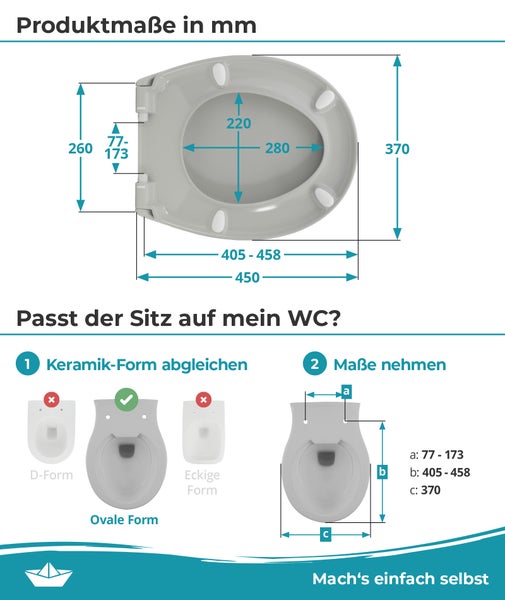 Calmwaters® WC Sitz Original einfache Montage, Premium Toilettendeckel bis 250 kg, Made in EU, aus antibakteriellem Duroplast, Absenkautomatik, 2 Montage Optionen, abnehmbar, Klobrille, oval, Manhattan-Grau
