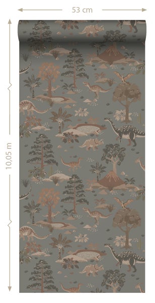 ESTAhome Tapete Dinosaurier Graublau und Braun - 50 x 900 cm - 131656