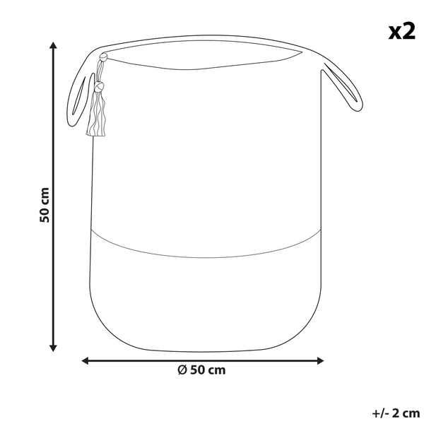 Skizze Aufbewahrungskorb im Zweier-Set. Maße: Höhe 50 Zentimeter, Durchmesser 50 Zentimeter. Henkel und Quaste. Abweichung plus minus 2 Zentimeter.