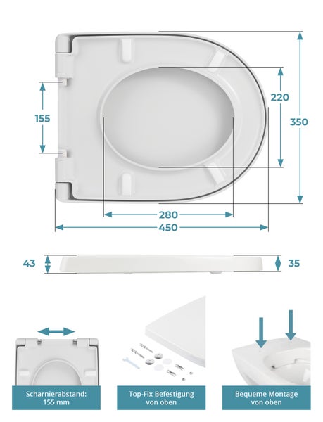 Calmwaters® WC Sitz für Keramag iCon 204000 & 204060, Antibakterieller Toilettendeckel D-Form, mit rostbeständigen Metall-Scharnieren, überlappend, aus Duroplast, Weiß - 26LP5381