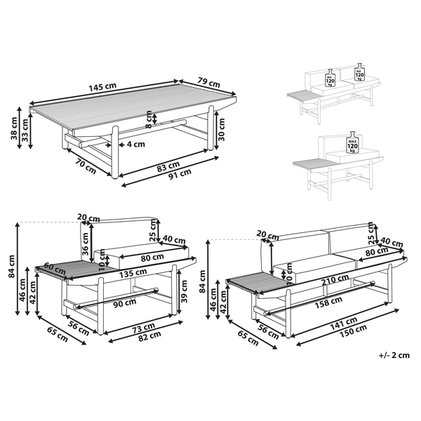 Lounge Set mit Tisch 3-Sitzer GIAVENO Akazienholz Cremeweiß