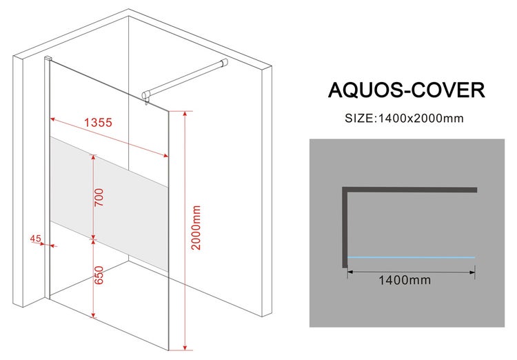 Technische Zeichnung einer Duschkabine mit Maßangaben