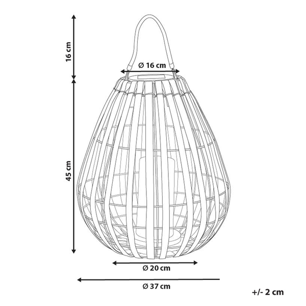 Technische Skizze einer Gartenlaterne mit Maßen: Höhe 45 Zentimeter, Griff 16 Zentimeter, Durchmesser 37 Zentimeter, Abweichung plus minus 2 Zentimeter.