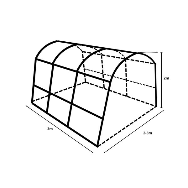 Abbildung eines Gewächshauses mit den Maßen 3 Meter Länge, 2 bis 3 Meter Breite und 2 Meter Höhe.