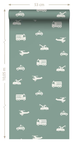 ESTAhome Tapete Autos, Löschfahrzeuge, Hubschrauber und Kräne Graublau - 53 cm x 10.05 m - 131398