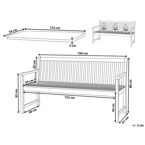 Gartenbank mit Auflage VIVARA 160 cm zertifiziertes Akazienholz Dunkelrot