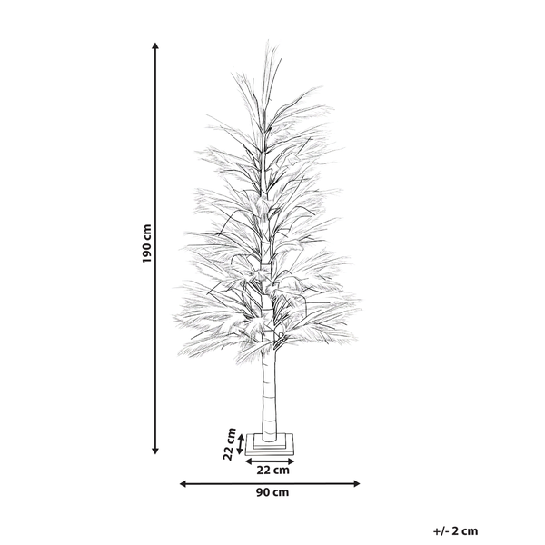 Abmessungen einer künstlichen Palme: Höhe 190 cm, Breite 90 cm, Basis 22 cm x 22 cm.