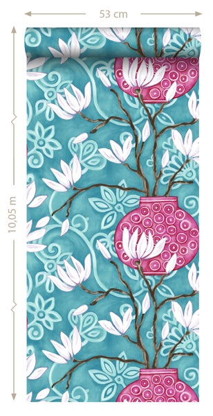 Origin Wallcoverings Tapete Magnolie Türkis und Rosa - 53 cm x 10.05 m - 346925