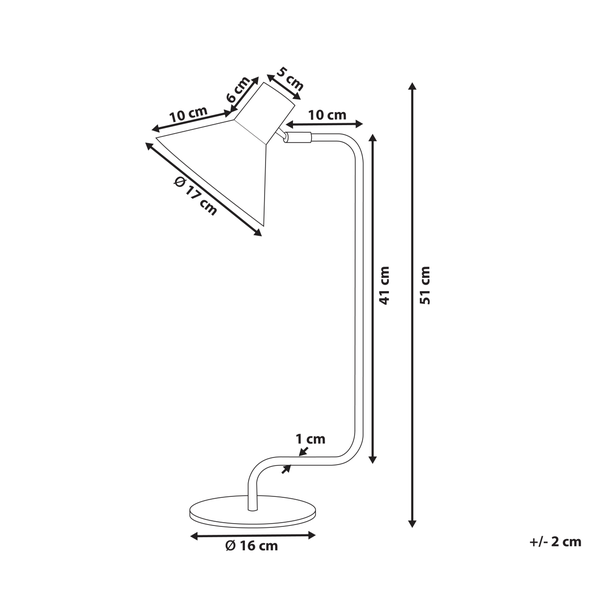 Maßzeichnung einer Schreibtischlampe mit einer Gesamthöhe von 51 Zentimeter, Fußdurchmesser 16 Zentimeter und Schirmdurchmesser 17 Zentimeter.