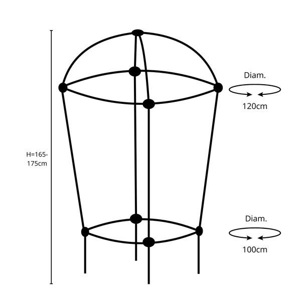 Technische Zeichnung einer Pflanzenstütze mit den Maßen 165 bis 175 cm Höhe und 100 bis 120 cm Durchmesser