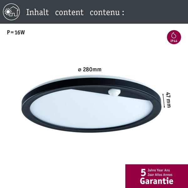 LED Außenpanel Lamina Backlight Dämmerungsgesteuerter Bewegungsmelder (IR) insektenfreundlich IP44 rund 280mm Tunable Warm 14W 1150lm 230V Schwarz Kunststoff