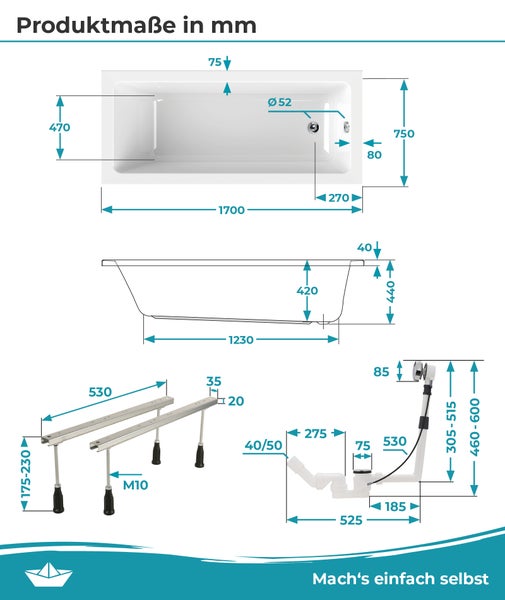 Technische Zeichnung einer Badewanne mit Maßen in Millimeter: 1700 mal 750 Millimeter. Mit Details zu Wannenfüßen und Ablaufgarnitur.