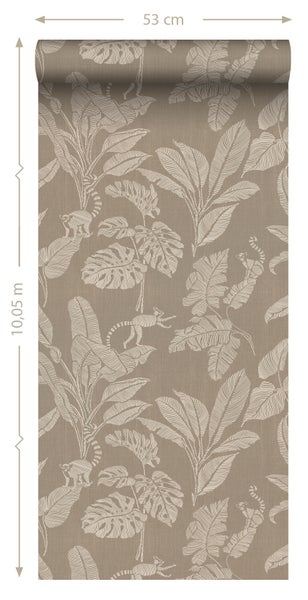 ESTAhome Tapete Affen und Dschungelblätter Taupe - 50 x 900 cm - 139864