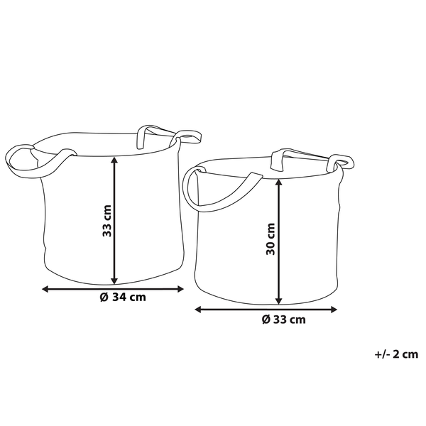 Maßskizze: zwei Körbe mit Griffen. Durchmesser 34 und 33 Zentimeter, Höhen 33 und 30 Zentimeter. Maßtoleranz plus minus 2 Zentimeter.