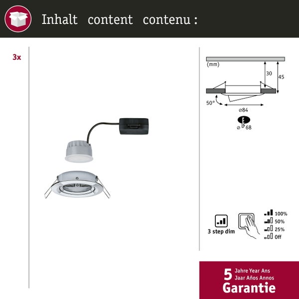 LED Einbauleuchte 3-Step-Dim Nova Coin 3-Step-Dim Basisset schwenkbar rund 84mm 50° Coin 3x6W 3x470lm 230V dimmbar 2700K Chrom