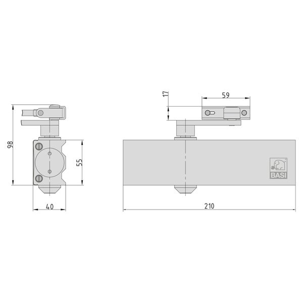 BASI Türschließer TS 200 mit Standardgestänge Für einflügelige Türen bis 1250 mm DIN Rechts/Links verwendbar Schließkraft nach EN 1154 (EN 2/4/5) Silber