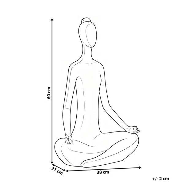 Strichzeichnung einer Buddha Statue in meditierender Sitzposition mit Bemaßung von 60 Zentimeter Höhe 38 Zentimeter Breite und 21 Zentimeter Tiefe