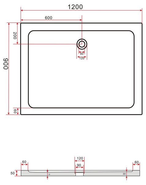 Technische Zeichnung einer Duschwanne mit Maßangaben