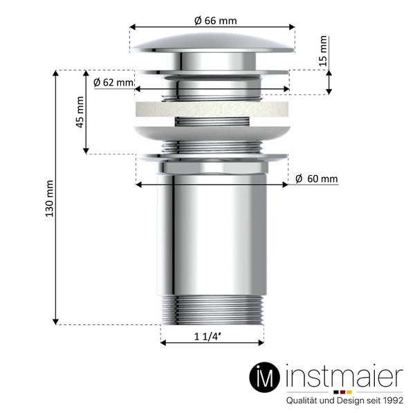 instmaier Ablaufgarnitur E1 | mit Überlauf | Waschbeckenstöpsel mit Push-Open Funktion | Pop Up Ventil Chrom