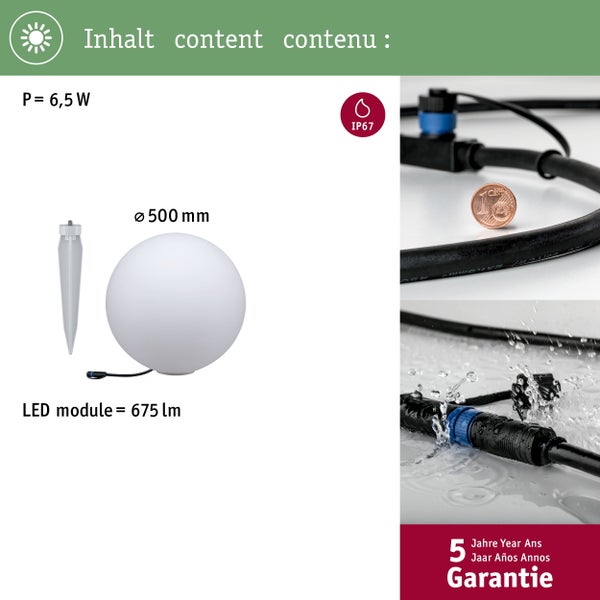 Gartenleuchte mit Erdspieß, 500 mm Durchmesser, 6,5 Watt Leistung, 675 Lumen Lichtstrom und IP67 Schutzgrad