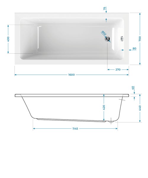 Calmwaters® Rechteck-Badewanne 160x70 cm, Acrylwanne Modern Square, ergonomische Körperformbadewanne, Maße 160 x 70 cm, Rechteckbadewanne Weiß - 02SL3310