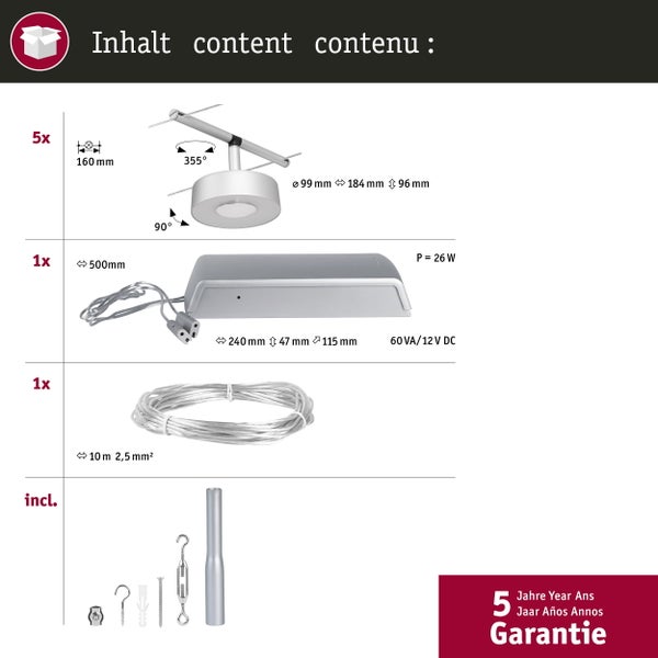 CorDuo LED Seilsystem Circle Basisset 5x180lm 5x5W 3000K 230/12V Chrom matt