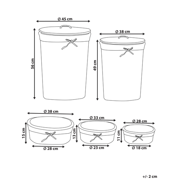 Maßzeichnung eines 5-teiligen Korbsets: zwei Wäschekörbe mit Deckel und drei offene Körbe mit Höhen- und Durchmesserangaben in Zentimeter.