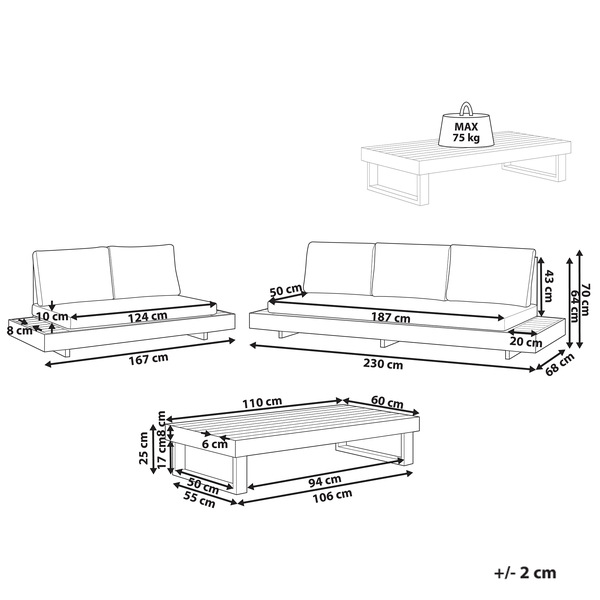 Maßzeichnung eines Gartenlounge-Sets mit einem 3-Sitzer Sofa, einem 2-Sitzer Sofa und einem Tisch mit Maßen in Zentimeter.