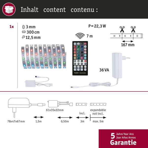 Abbildung der Packungsinhalte eines LED-Streifens mit einer Länge von 300 cm