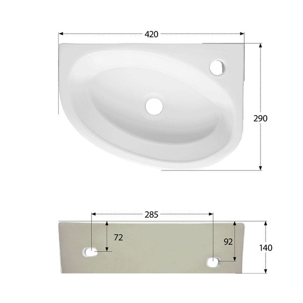 aquaSu® Handwaschbecken Liam 42 cm | Eck-Waschtisch mit Hahnloch | Kleines Hänge-Waschbecken rund | Wand- oder Aufsatzmontage | 42 x 29 cm | Sanitärkeramik in weiß | 562188