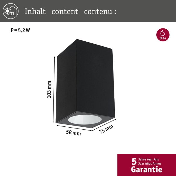 LED Wandleuchte Flame insektenfreundlich IP44 eckig 58x103mm 2200K 4W 265lm 230V 75° Anthrazit Metall